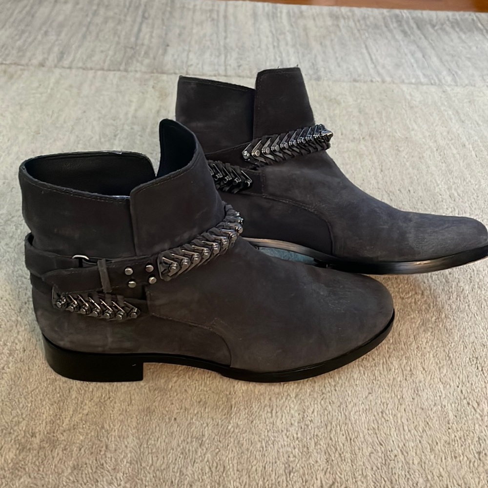 Gray Suede Ankle boots with wrap around chain detail